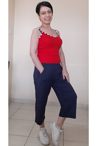 Mertcan Butik Navy Blue Elastic Waist Casual Combed Viscose Capri Bottom Pajamas