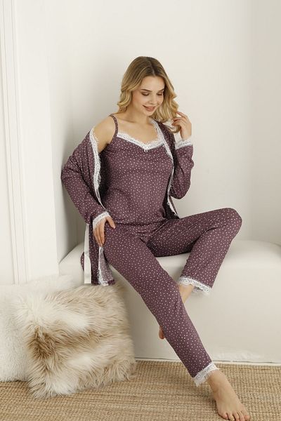 Lunaberry Zestre, curea de frânghie, curea, modelat, detaliat din dantelă, set de pijamale pentru femei din 3 piese cu halat de dimineață, 4 anotimpuri