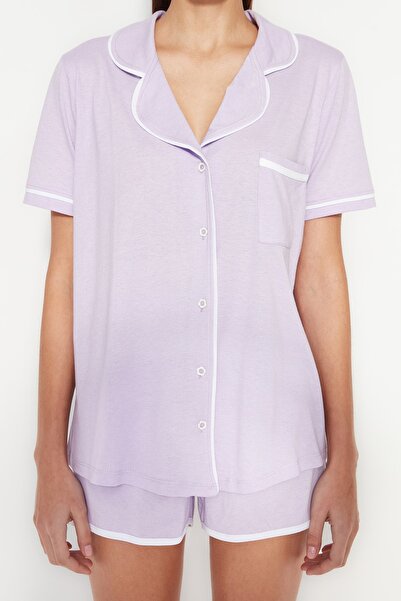 Trendyol Collection Lila rövidnadrág pamut pizsama szett - csövek részlettel, THMSS20PT0406