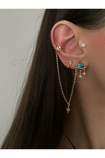 Okkostore Gezegenli Earcuff Detaylı Sallantılı 3'lü Küpe