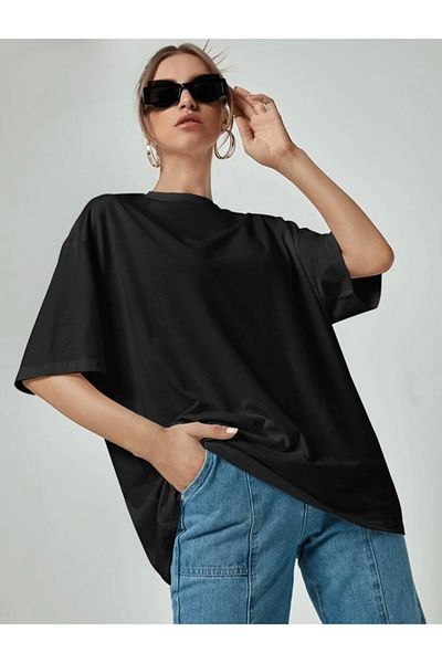 Josette Μπλουζάκι Unisex Black Plain Crew Neck Oversize