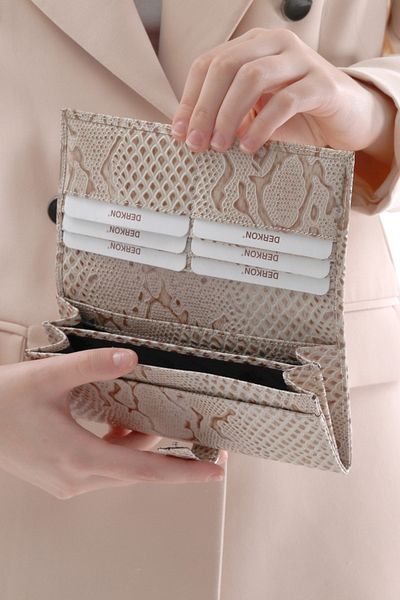 DERKON Crocodile Patterned Genuine Leather Beige Women's Wallet