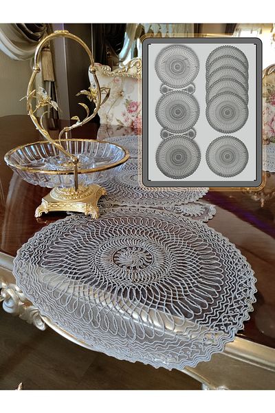 CAMİNHO DA LUA American Service Round Plate and Runner Kitchen Set 6-Person Network Table Presentation Set with Dowry Holder Gray