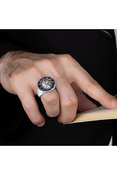 Argento Silver Aslan Figürlü Safir Baget Taşlı 925 Ayar Gümüş Yüzük