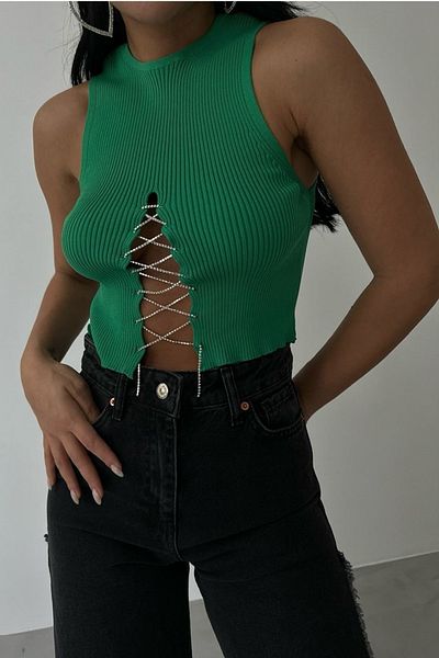 lovebox Αμάνικη αλυσίδα με κορδόνι με κορδόνι με στρογγυλή λαιμόκοψη Πράσινη πράσινη μπλούζα 23s15003
