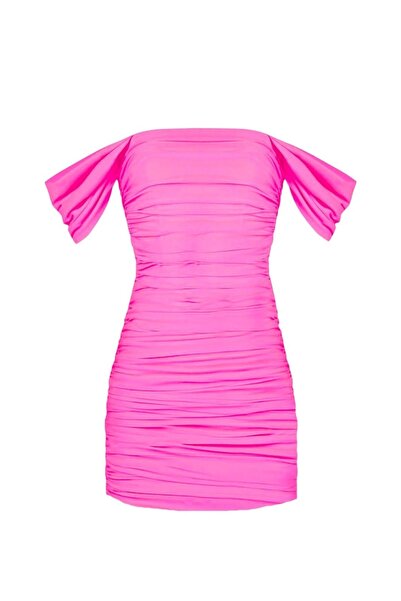 Whenever Company Şeker Pembe Rengi Degaje Kollu Drapeli Mini Elbise