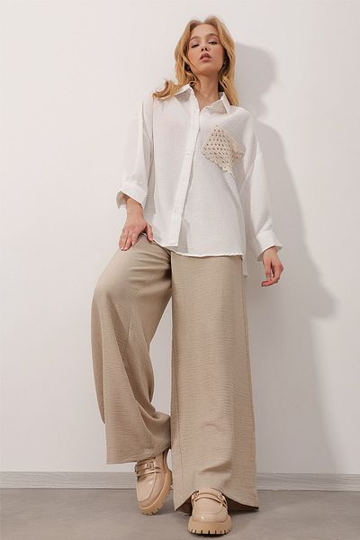 Trend Alaçatı Stili Women's White Crocheted Textured Linen Shirt with Pockets ALC-X9835