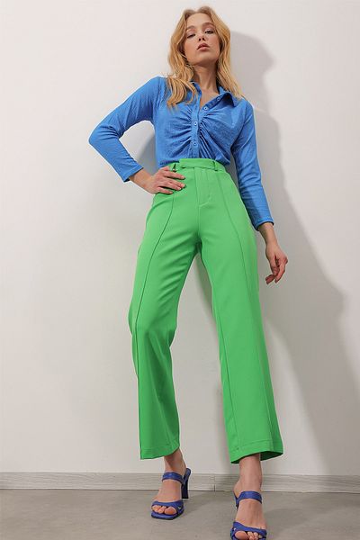 Trend Alaçatı Stili Pantaloni de damă, verzi, cu cusături în față, țesute Dart ALC-X9838