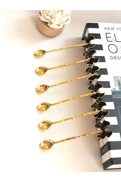 CHANCE GİFT Gold Plated Butterfly Figure Enamel Set of 6 Tea Spoons (BLACK)