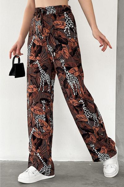 FEMELLE Women's New Season Pocket Tie Waist Patterned Wide Leg Trousers