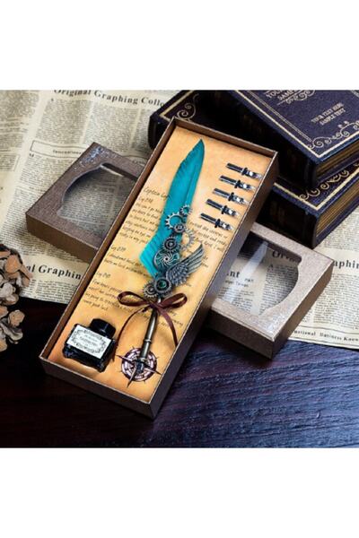 hediyeconcepti Vintage Tüy Dolma Kalem Seti Ekstra Ince Dolma Kalem Hediyeler...