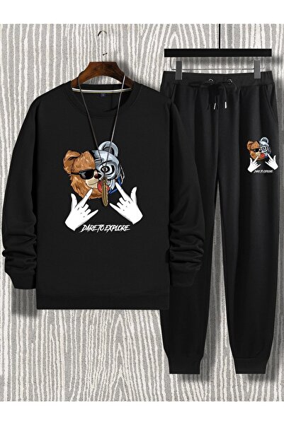 MODARİCH Men's Black Dareto Explore Bottom Top Tracksuit Set Oversize Crew Neck