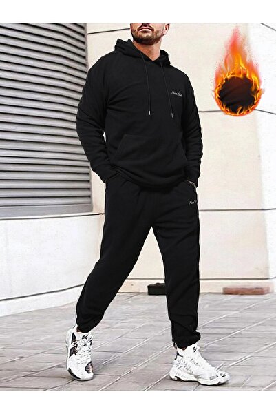 MODARİCH Men's Black New York Written Bottom Top Tracksuit Set Oversize Hooded