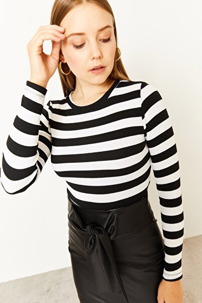 Lafaba Dámská bílá halenka s dlouhým rukávem a tlustým pruhem