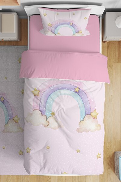 EVPANYA Pudra Pembe Gökkuşağı Desenli Tek Kişilik Bebek Çocuk Nevresim Takımı