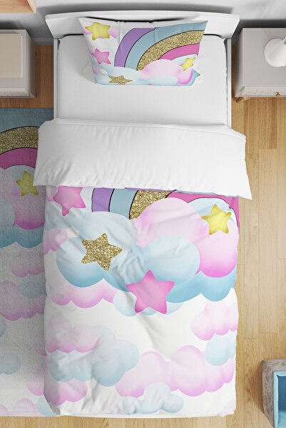 EVPANYA Rainbow Pink Blue Clouds Patterned Single Baby Kids Bedding Set