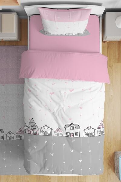 EVPANYA Pink Gray Houses Patterned Single Baby Kids Bedding Set