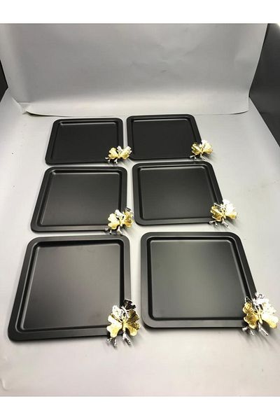 Mira züccaciye Luxury Square Butterfly Accessory Stainless Steel Set of 6 Black Coffee, Tea, Decorative Presentation Serving Tray