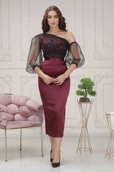 Matik Abiyem Flocked Glitter Printed Satin Our Design Dress