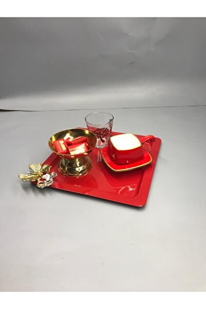 Mira züccaciye Stainless Steel Square Red Coffee, Tea, Decorative Presentation Serving Tray with Luxury Butterfly Accessories