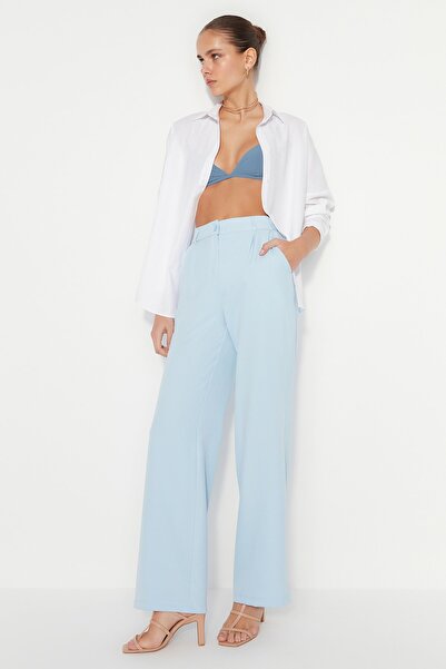 Trendyol Collection Světle modré tkané kalhoty s vysokým pasem a širokými nohavicemi TWOAW21PL0076