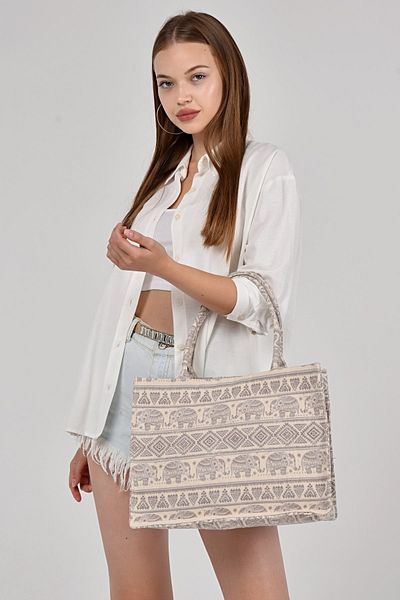 ICONE BAG حقيبة الشاطئ - حقيبة كتف نسائية من القماش المطبوع، حقيبة شاطئ من القماش بنمط الفيل