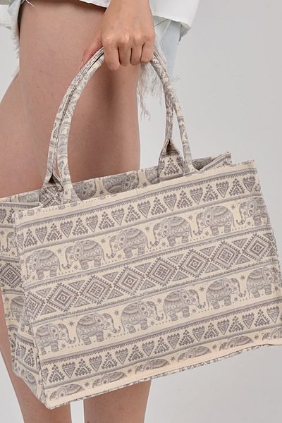 ICONE BAG حقيبة الشاطئ - حقيبة كتف نسائية من القماش المطبوع، حقيبة شاطئ من القماش بنمط الفيل