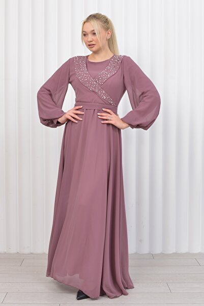 poplinmoda Asimetrik Taşlı Şifon Abiye-eyşan Model