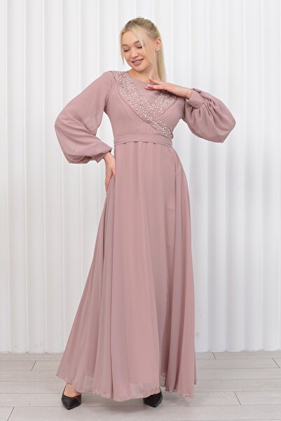 poplinmoda Asimetrik Taşlı Şifon Abiye