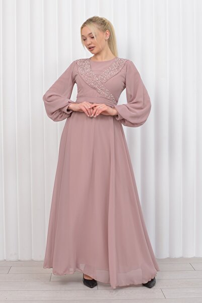 poplinmoda Asimetrik Taşlı Şifon Abiye