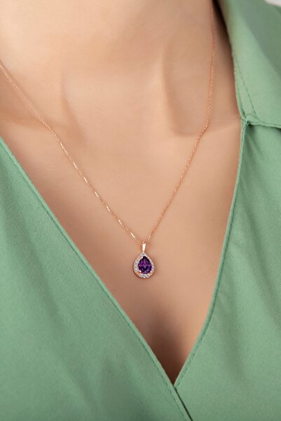 klas gümüş Ametist Damla Taşlı Rose Kolye-925 Ayar Gümüş