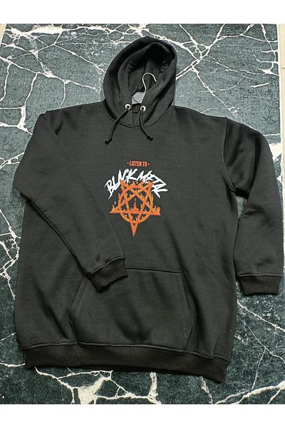 clhn Hanorac cu imprimeu metal negru, cu glugă cu trei fire, oversize, unisex premium