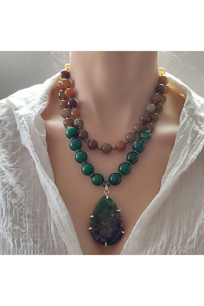 elinasaccessories Özel Tasarım Doğal Taş Kolye Renkli Akik Kolye Doğal Taş Yeşil Kolye Değerli Taş Kolye