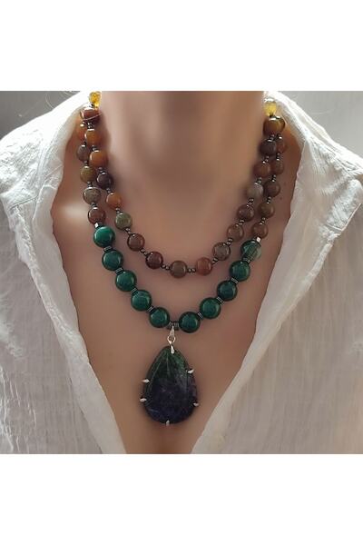 elinasaccessories Özel Tasarım Doğal Taş Kolye Renkli Akik Kolye Doğal Taş Yeşil Kolye Değerli Taş Kolye