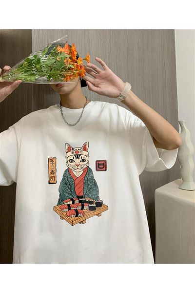 Touz Унисекс тениска с овърсайз принт Votinity Sushi Cat - бяла