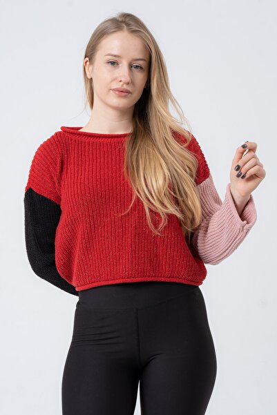 PUNKY CAT Women's Red Wide Long Sleeve Knitwear Sweater