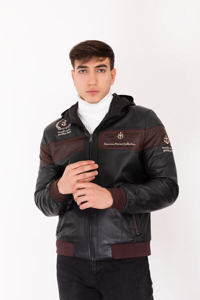 NEW VENTURE GIAN FERRE SOLID LEATHER Erkek Hakiki Deri Ceket Siyah Kapüşonlu