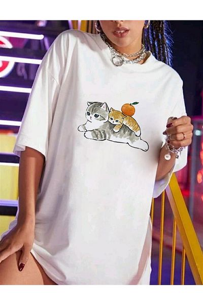 Touz Unisex Λευκό Oversize T-shirt - Cats & Orange
