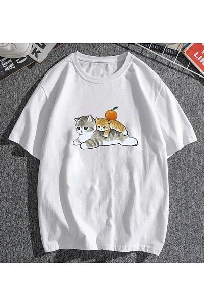 Touz Unisex Λευκό Oversize T-shirt - Cats & Orange