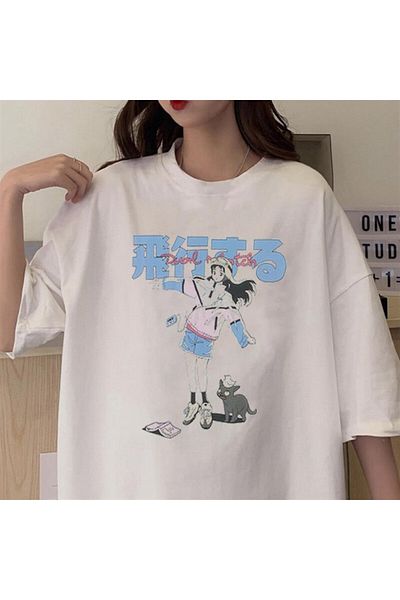 Touz Tricou supradimensionat unisex alb Blunt Blunt Anime Girl & Cat
