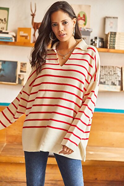 Olalook Women's Red Polo Collar Striped Oversize Knitwear Sweatshirt KZK-19000583