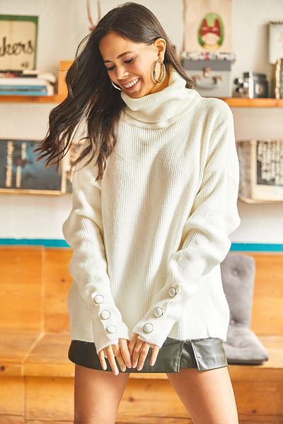 Olalook Women's Ecru Long Throat Cuff Buttoned Soft Textured Oversize Knitwear Pullover KZK-19000584