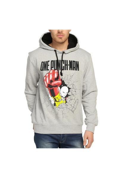 Bant Giyim One Punch Man Saitama Patterned Grey Hooded Hoodie Sweatshirt