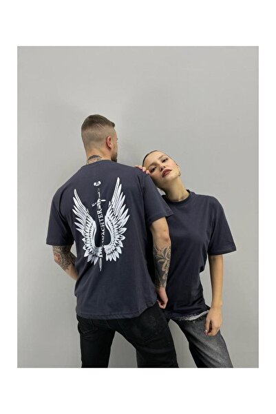 Black Sokak Blacksokak Unisex tričko Anthracite Angel Wing Potištěný milenecký pár Kombinovaná sada 2 kusů