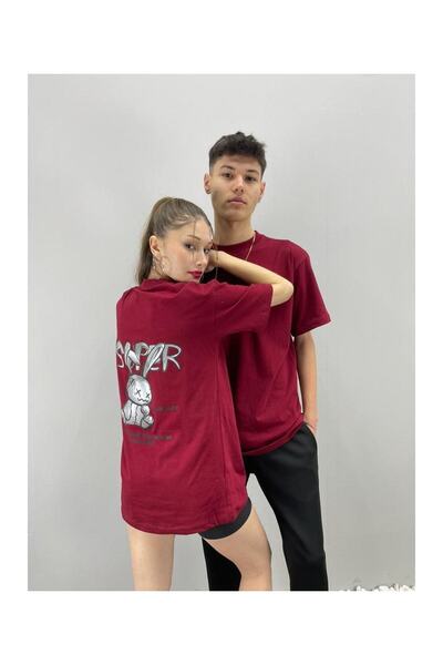 Benisengiydir Unisex Tshirt Claret Red Super Printed Lover Couple Combination Σετ 2 τεμαχίων