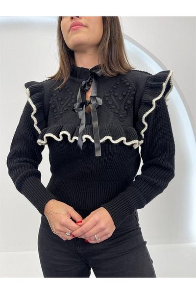 Jose Clothing Pulover de tricotaj cu mânecă lungă cu volan, cu guler panglică