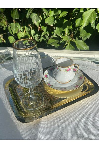 Paşabahçe Six-Piece Gilded Circle Chain Patterned Crystal Cut Coffee Side Water Cup, Standing Cup