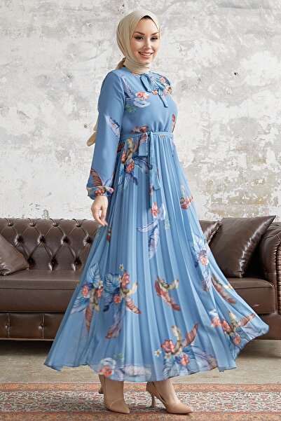 InStyle Ares Feather Pattern Chiffon Dress - Baby Blue