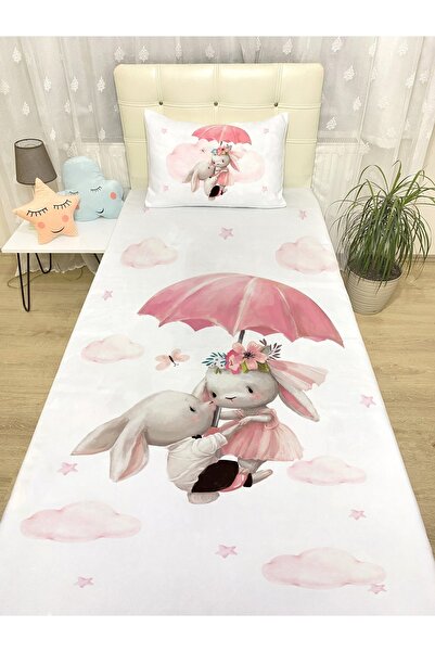 EVPANYA Şemsiyeli Tavşanlar Desenli Yatak Örtüsü Ve Yastık Kılıfı