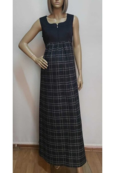 Tria Önü Fermuarlı Ekose Uzun Hamile Elbisesi